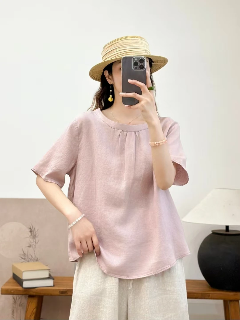 麻风小筑【麻韵】圆领宽松衬衫设计感休闲夏季女士夏季亚麻上衣女装