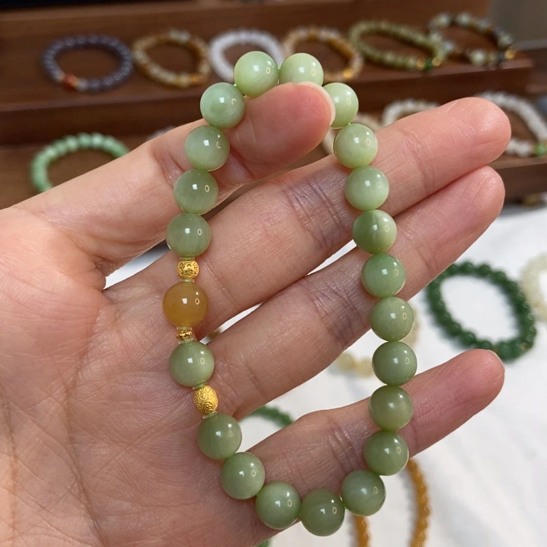 和田玉18K金镶嵌手链8mm黑阳洞碧玉精品
