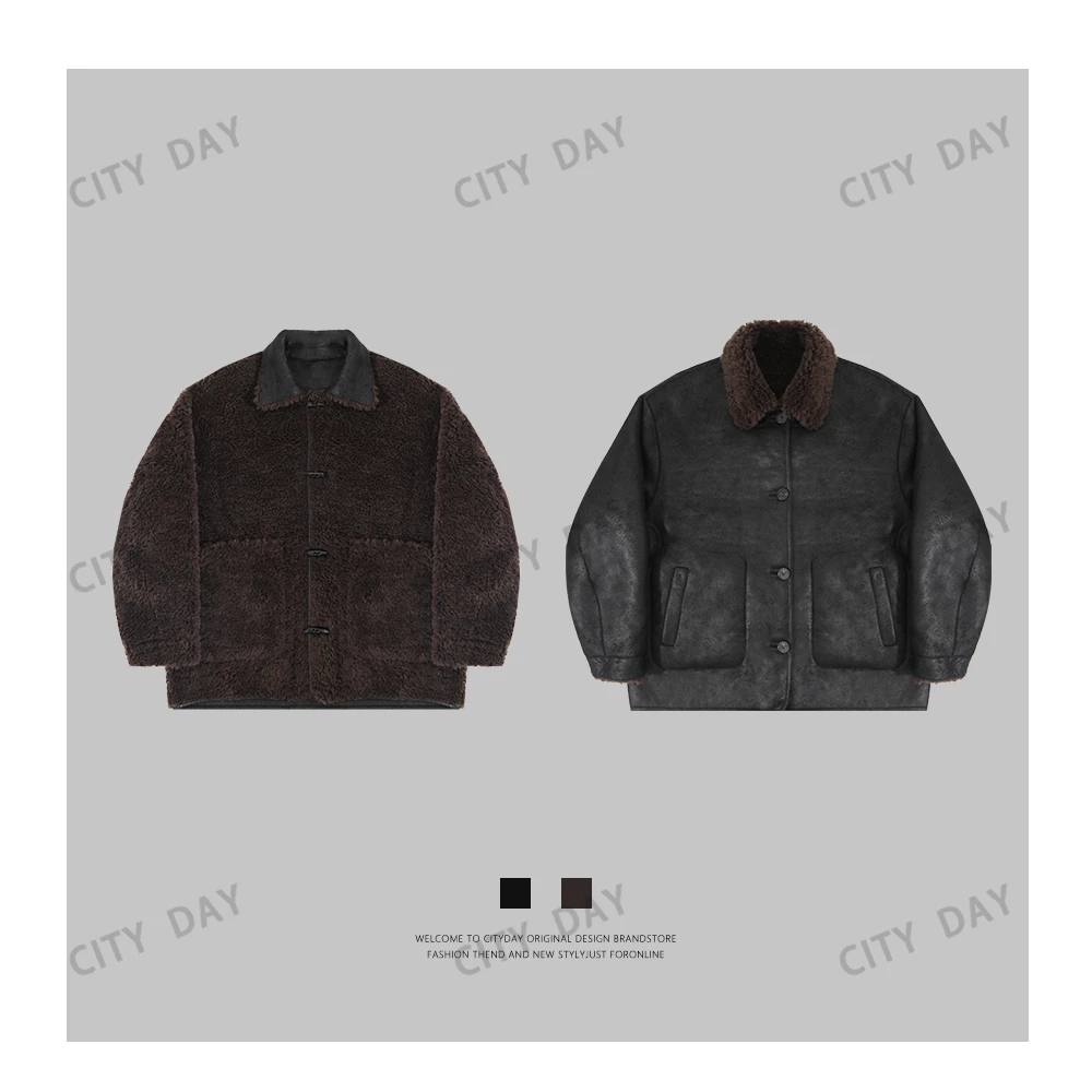 CityDay【潮灰私订】复古特殊裂漆肌理双面羊毛夹克 7906