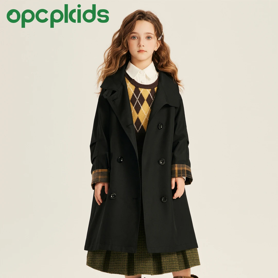OPCP法式优雅女童风衣中长款外套春季新款复古格子翻领大衣2506