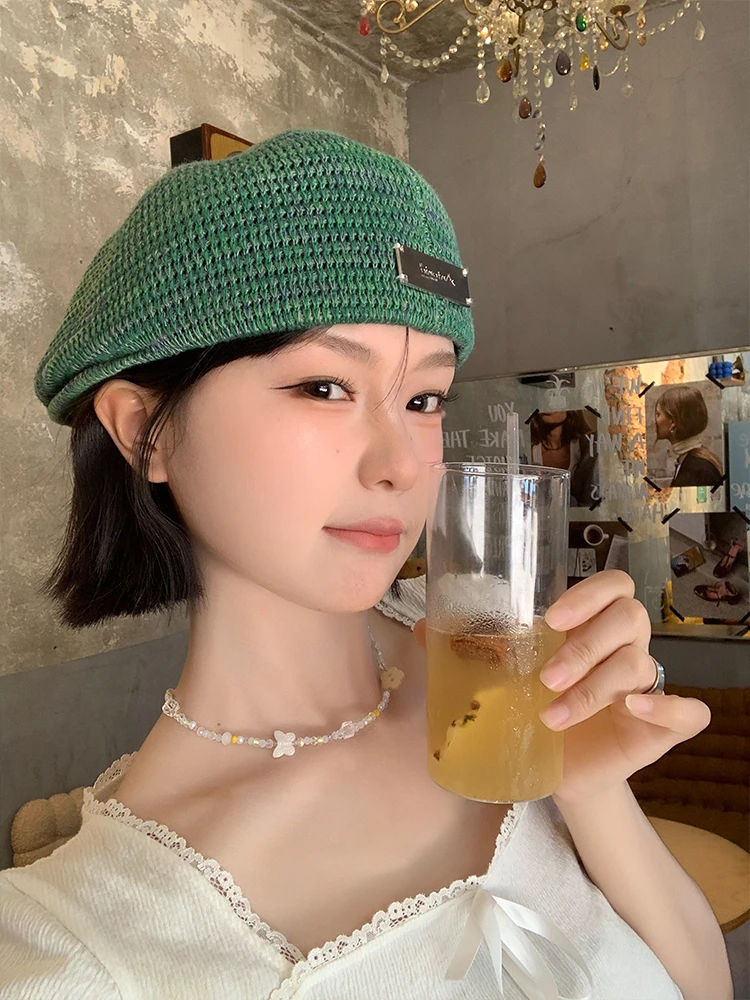 日系正反两戴针织贝雷帽女夏季薄款透气百搭显脸小大头围画家帽子