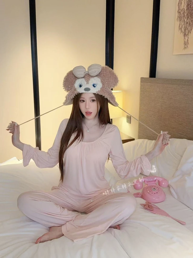 【慵懒美女】秋季睡衣女代尔棉长袖纯欲蕾丝纯色家居服可外穿带胸垫