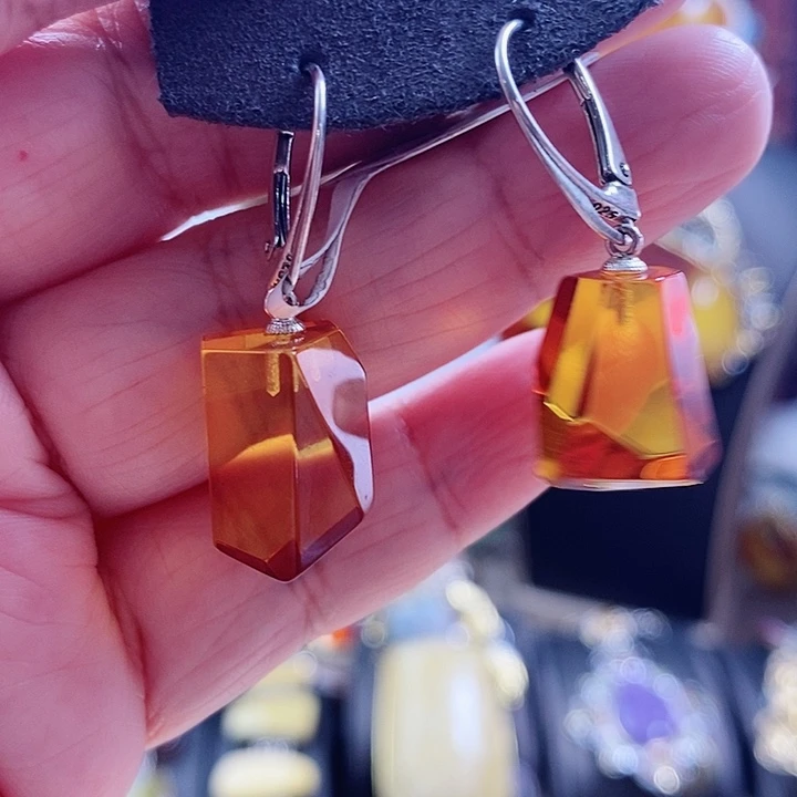 琥珀银S925镶嵌耳饰耳环