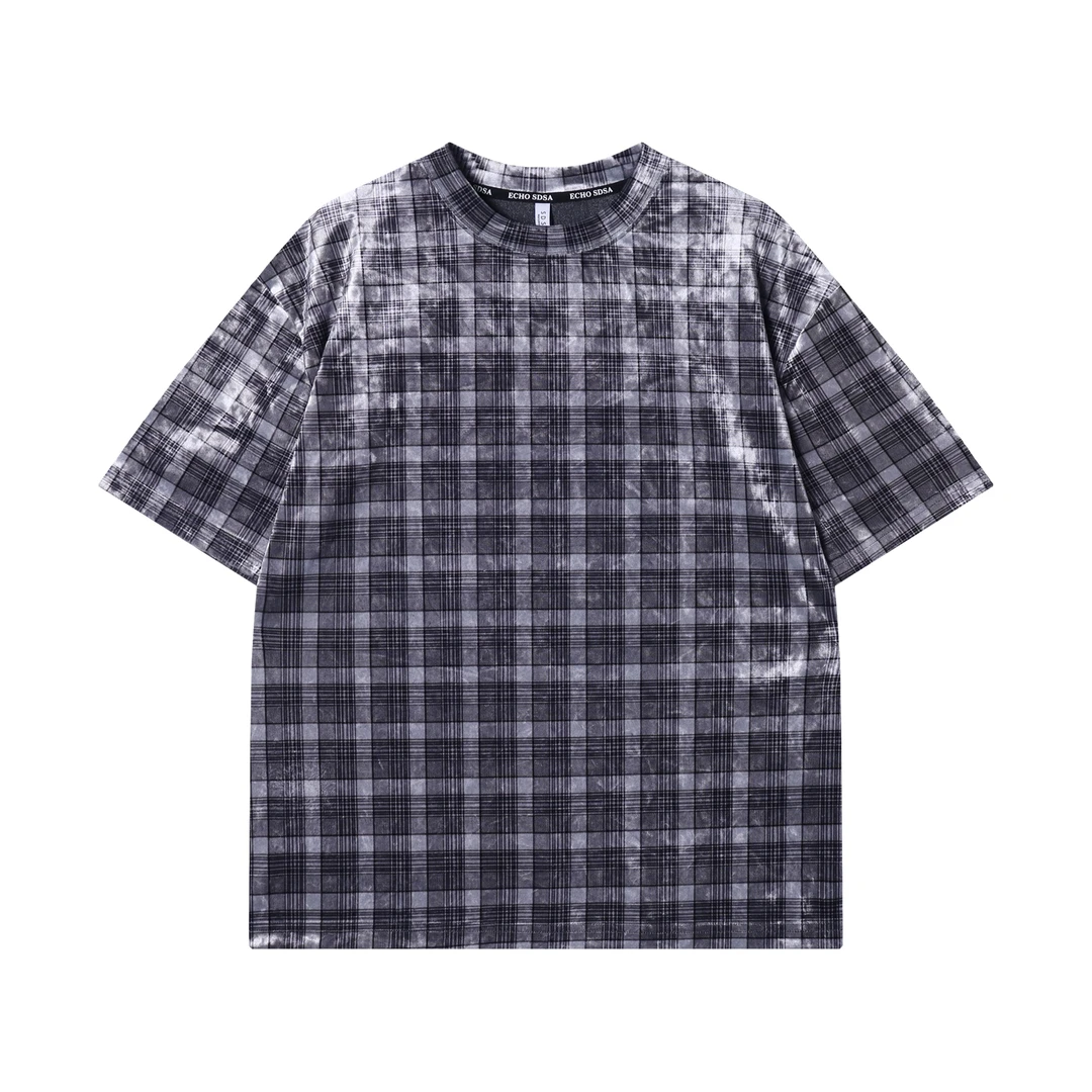 T2544夏季时尚个性美式撞色格纹格子圆领短袖T恤复古宽松潮流上衣