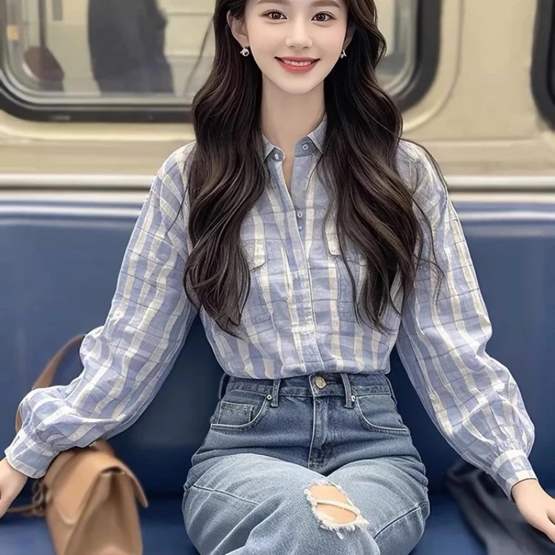 G501法式别致小衫小清新设计感气质超好看蓝色格子长袖衬衫上衣女