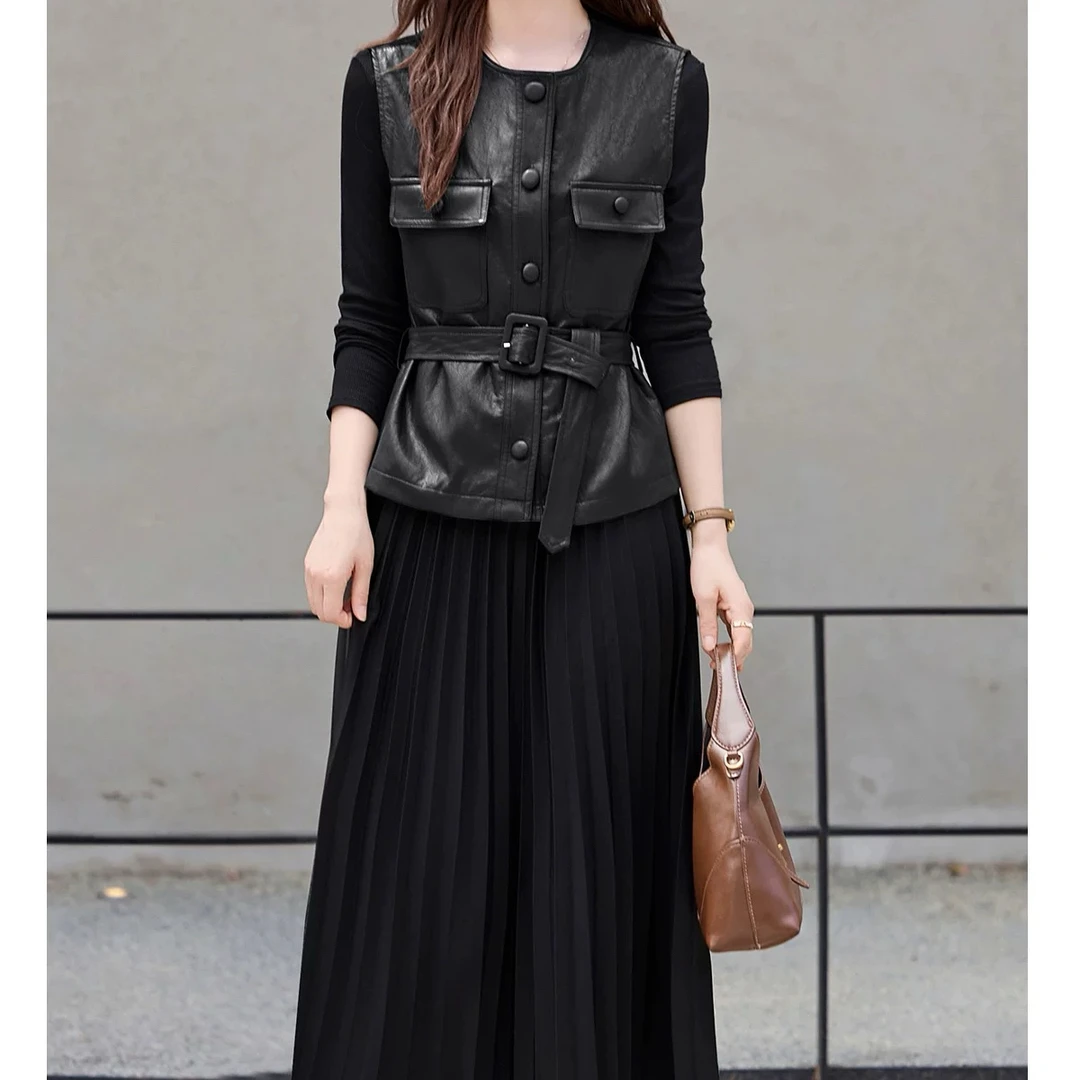 彬彬家秋冬韩版收腰显瘦百搭皮马甲加螺纹百褶连衣裙套装女699