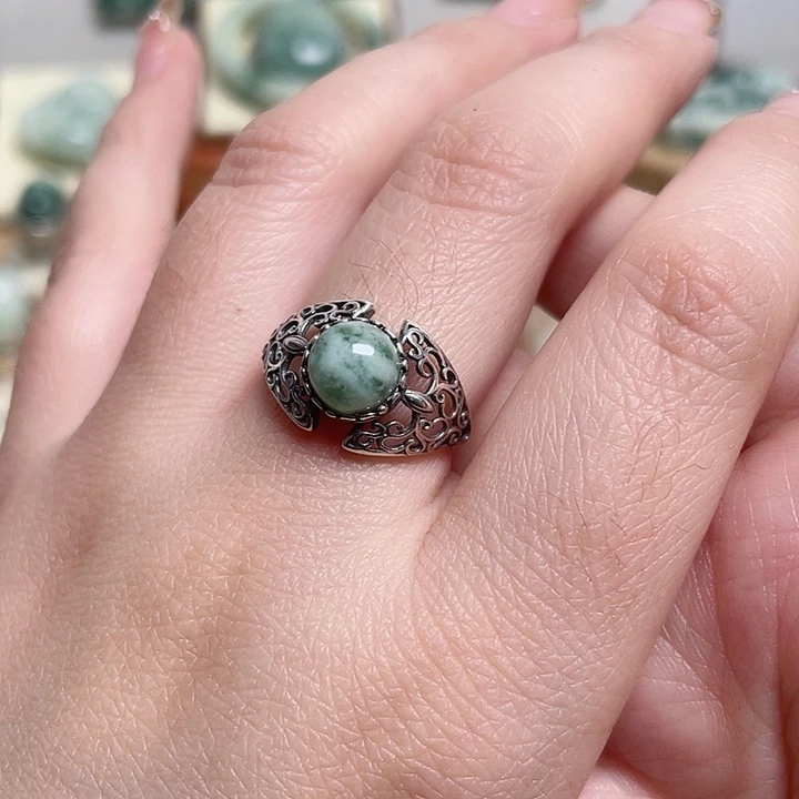 透闪石-蛇纹石玉戒指银S925镶嵌