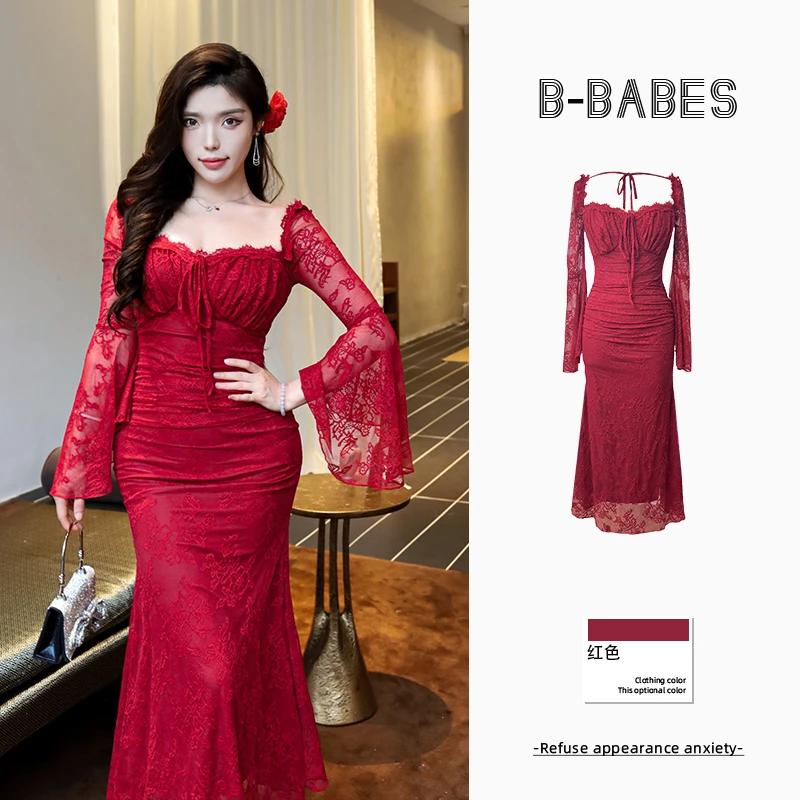 B-babes【红黛美人】法式轻奢蕾丝绑带包臀裙方领掐腰喇叭袖连衣裙