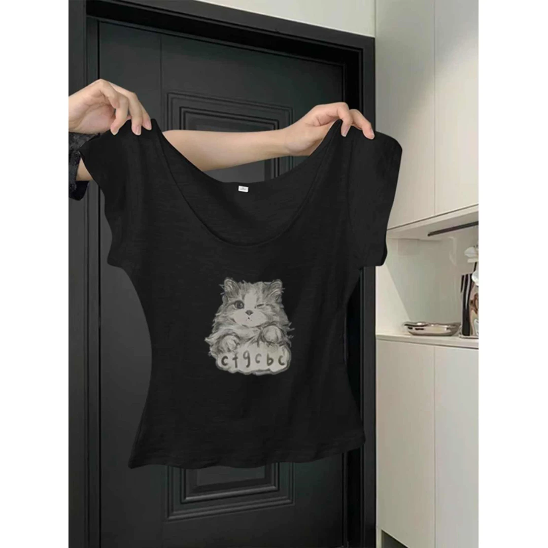 奥特莱斯~撤柜!黑色u领短袖t恤女夏季美式辣妹修身显瘦短款上衣潮