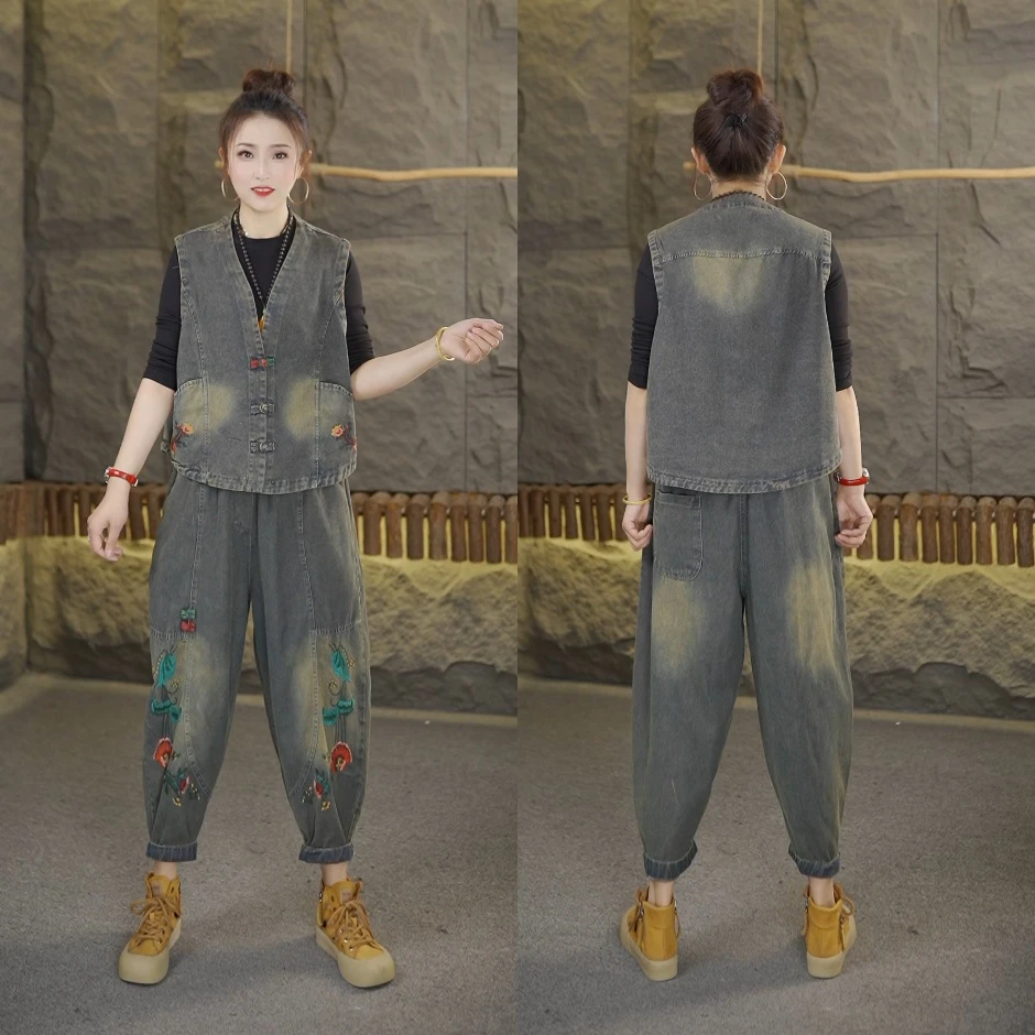 2025春季新款上新时尚休闲洋气水洗牛仔马夹+裤子套装2567