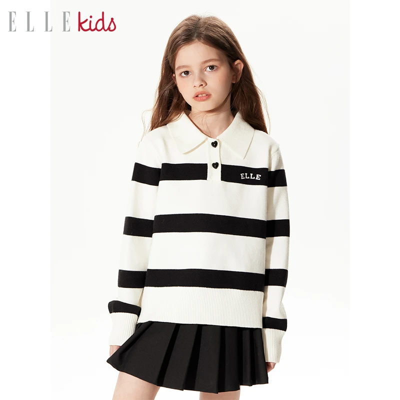 0006 ELLE KIDS学院风polo领条纹毛衣女童春季翻领套头针织衫
