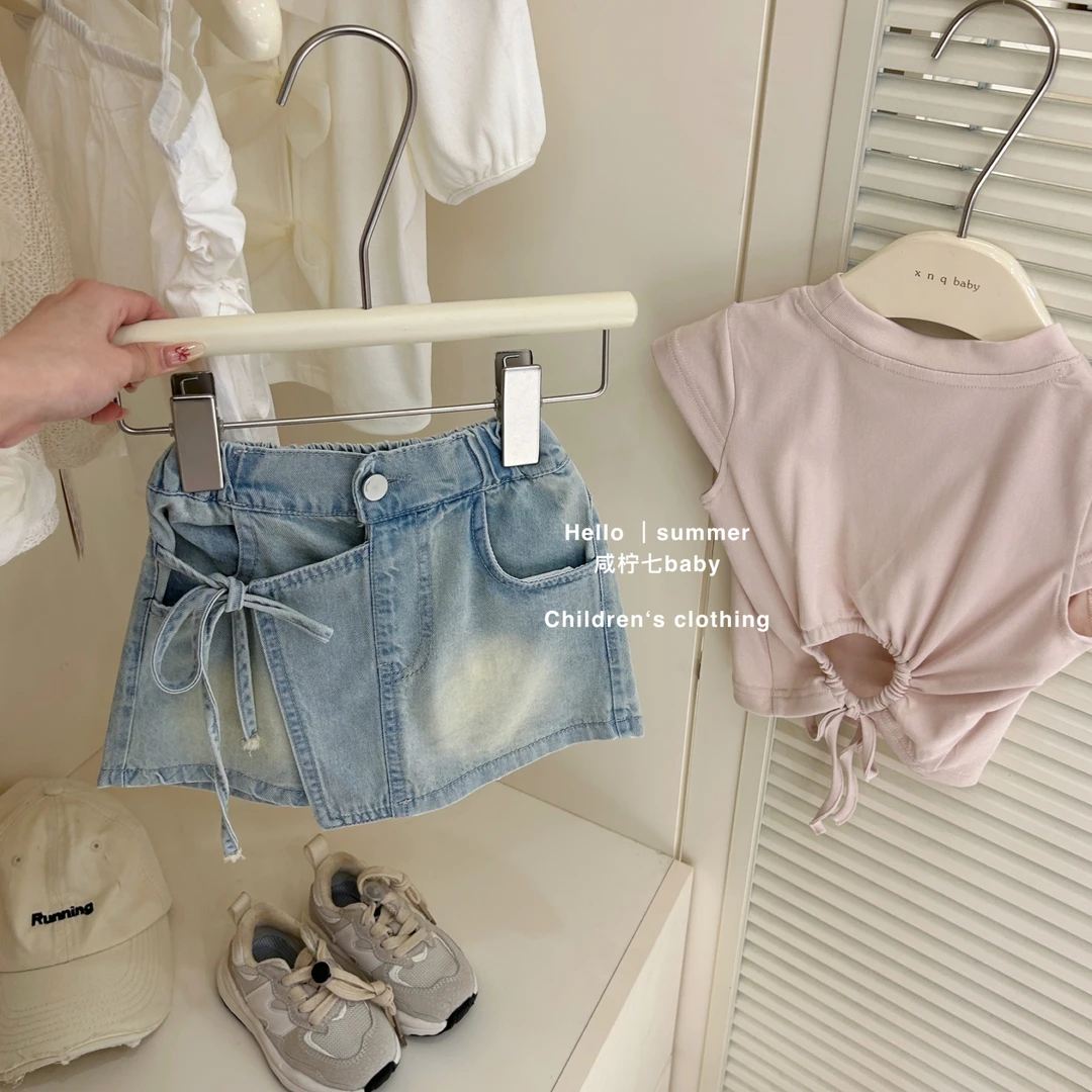 现【咸柠七】女童夏季抽绳短袖t恤时髦夏装女宝宝洋气上衣牛仔短裤