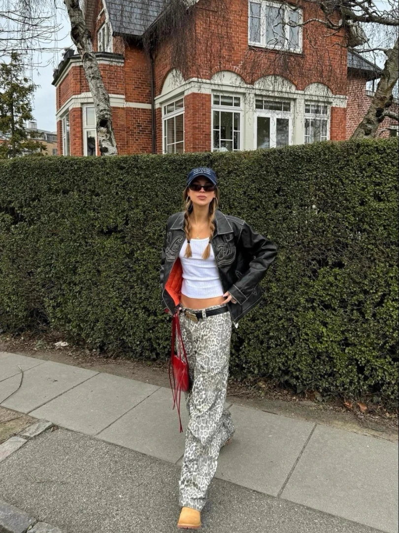 冰淇淋-夏季新款高腰宽松直筒豹纹阔腿休闲女裤