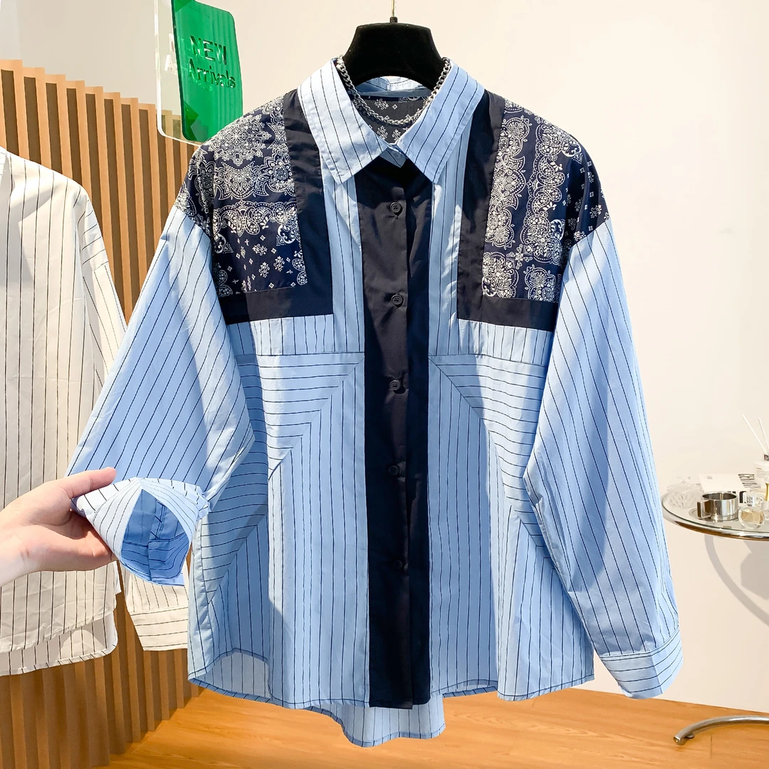 {YY专属}新款高级感宽松休闲复古民族风印花蓝色条纹长袖女衬衫