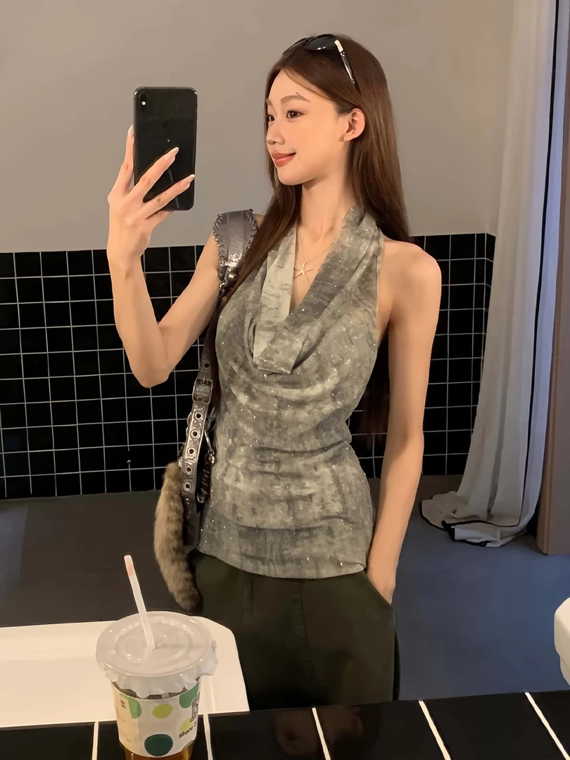 纯欲辣妹荡领无袖背心女夏外穿露背设计感独特绝美挂脖小吊带上衣