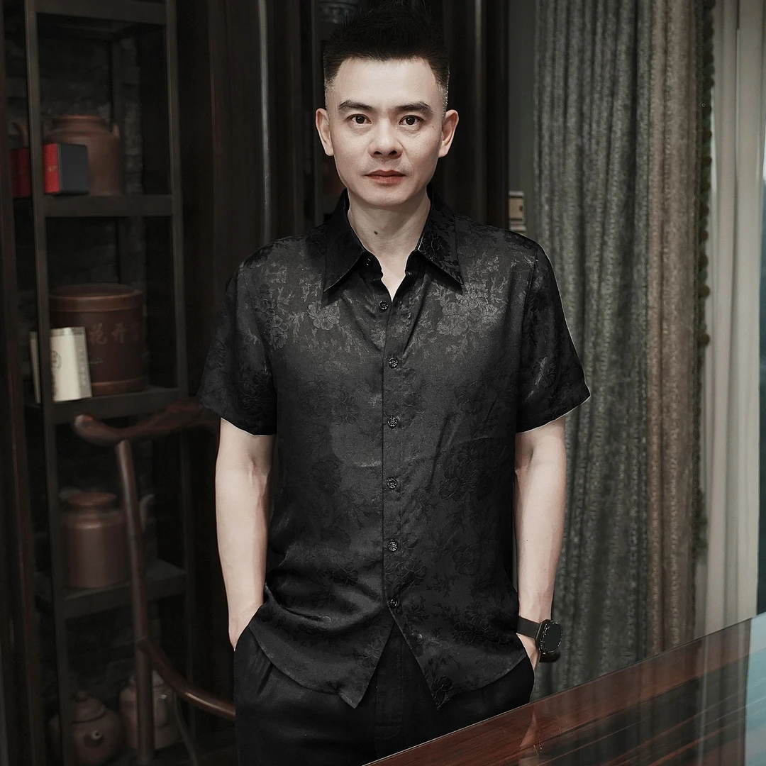【黑标】30姆米真丝提花轻奢男士短袖衬衫#C8610意式领丝滑凉爽