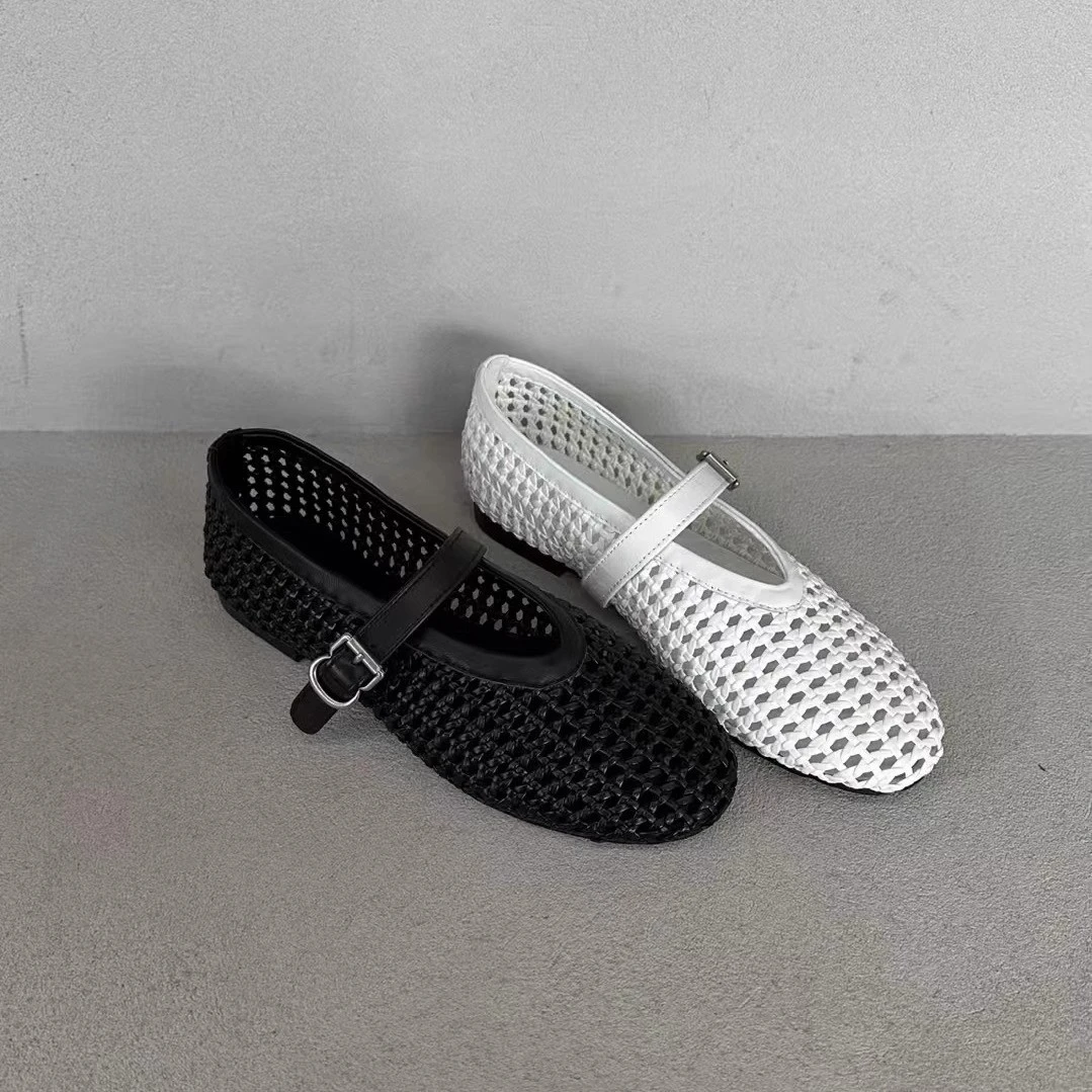 高级感~手工正品编织一字扣镂空玛丽珍单鞋复古平底浅口芭蕾舞鞋