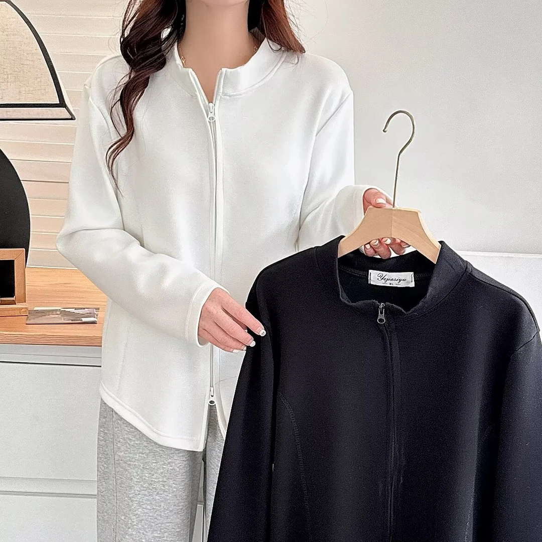 大码女装2025春装新款立领双拉链上衣女正肩长袖宽松显瘦弹力外套