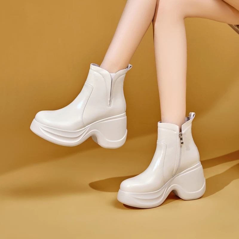 10cm不累脚厚底坡跟短靴小个子高跟防水台女靴冬季牛皮时尚单靴