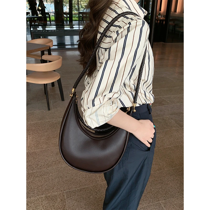 A美洋MEIYANG 上弦月单肩包 【商场同款】头层牛皮编织带真皮腋下包