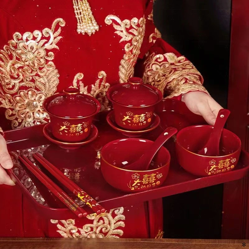 婚礼中式陶瓷改口杯红色喜庆敬茶碗敬茶杯精包装新婚用品