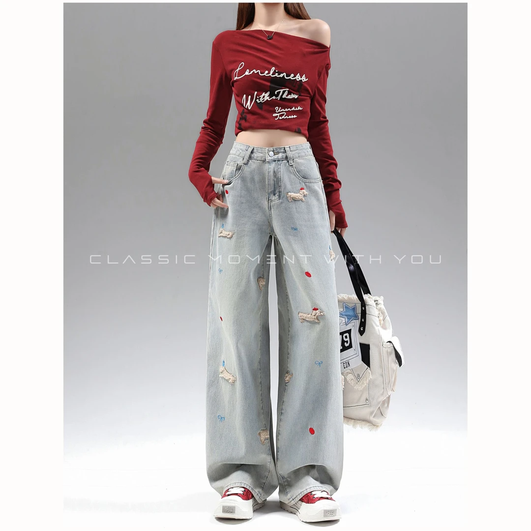 SzBlaZe腊肠狗刺绣冬季新年战袍加绒高腰直筒阔腿牛仔裤显瘦设计