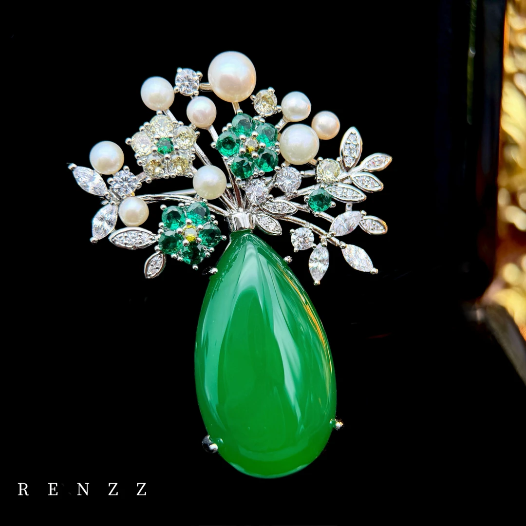 1231玉髓/淡水珍珠/设计师款花瓶胸针