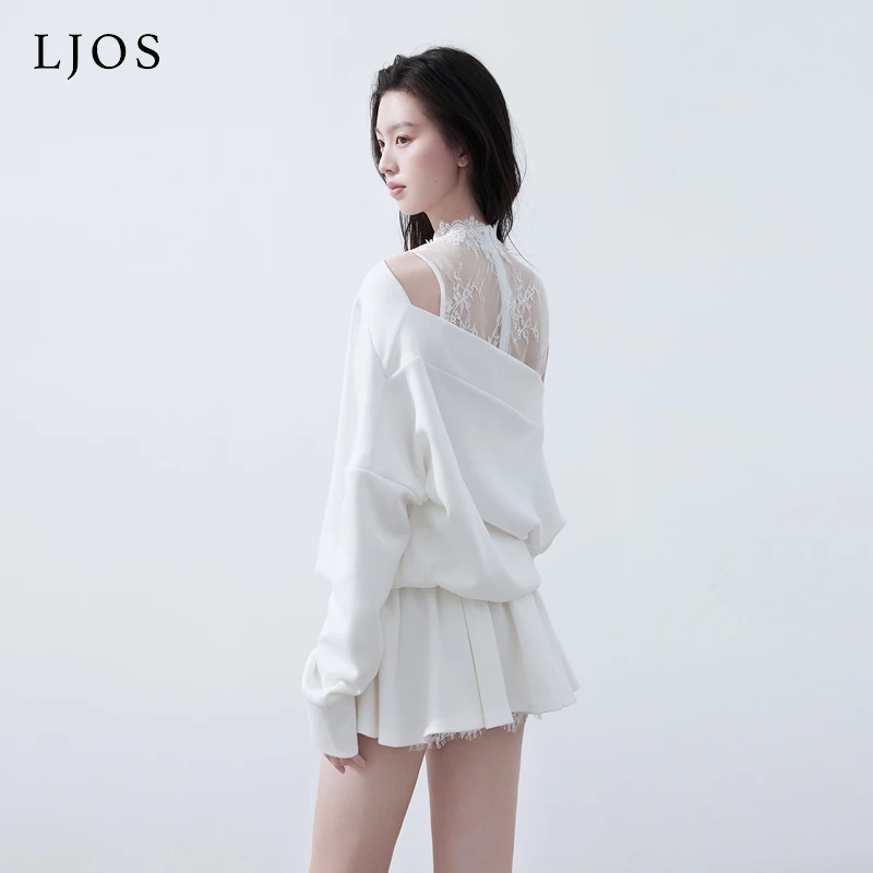LJOS纯白蕾丝背心卫衣连衣裙两件套2025早春