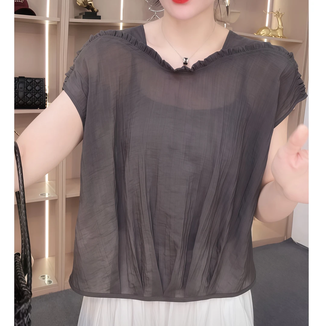 气质时尚休闲百搭宽松衬衫女2025简约通勤设计感荷叶边上衣夏季潮