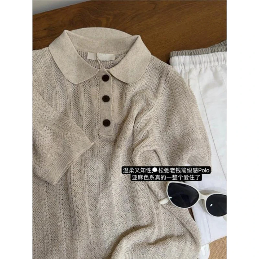 高级感老钱风翻领短袖针织衫女夏季气质上衣设计感正肩polo衫t恤