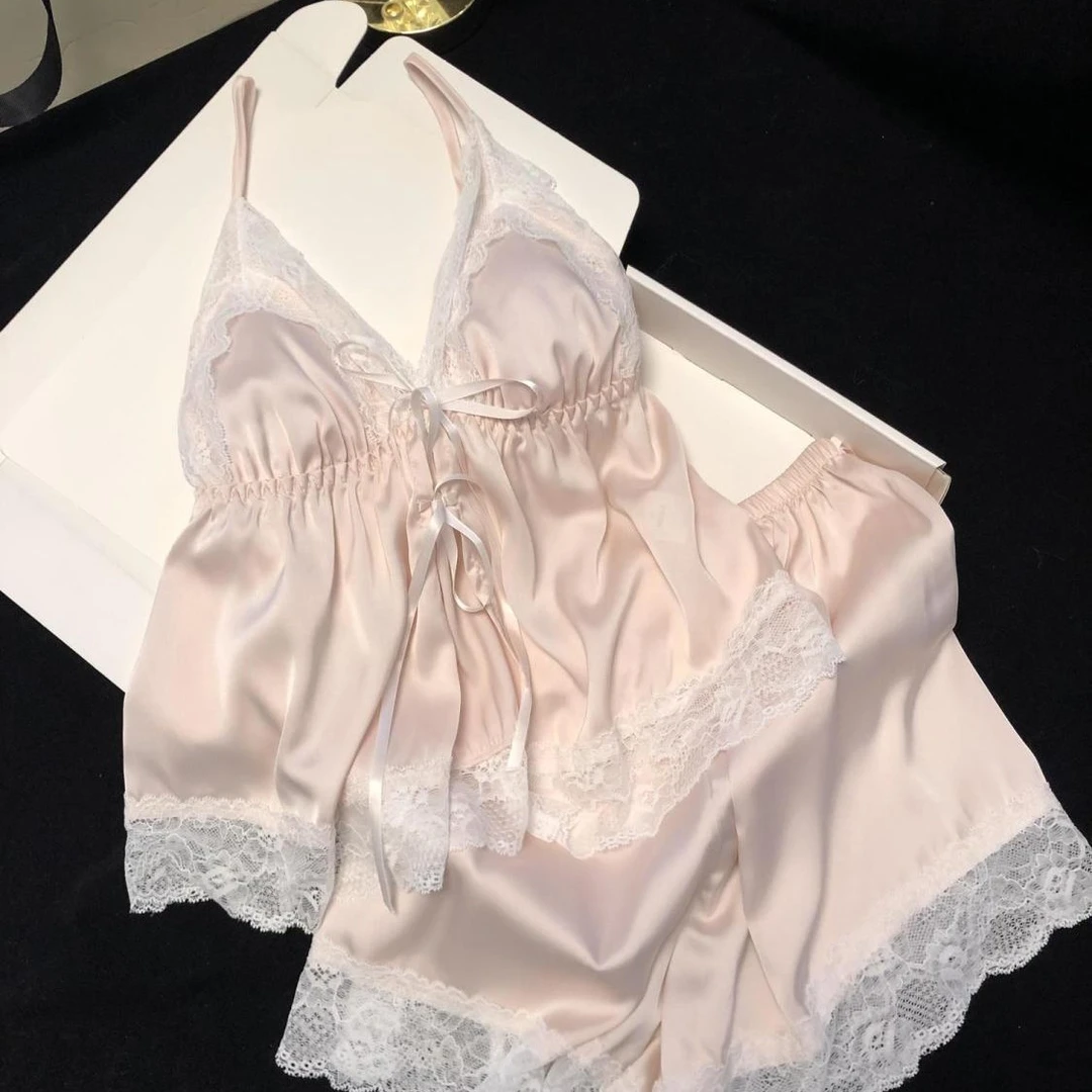 带胸垫冰丝吊带甜美可爱简约纯色睡衣女夏季新款宽松法式家居服薄