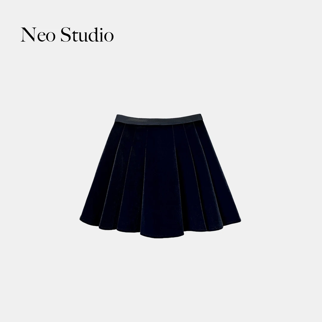 Neo Studio 25SS 黑色百褶伞裙a字显瘦百搭丝绒防走光舒适短半裙