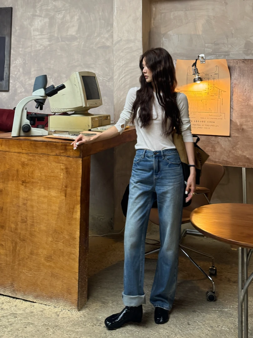 R-HER【复古长裤】美式复古时尚洗水蓝色牛仔裤直筒百搭休闲长裤