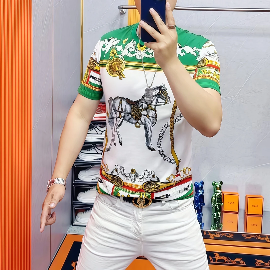 欧货潮牌男装印花网红短袖T恤2025修身透气圆领半袖男士休闲上衣