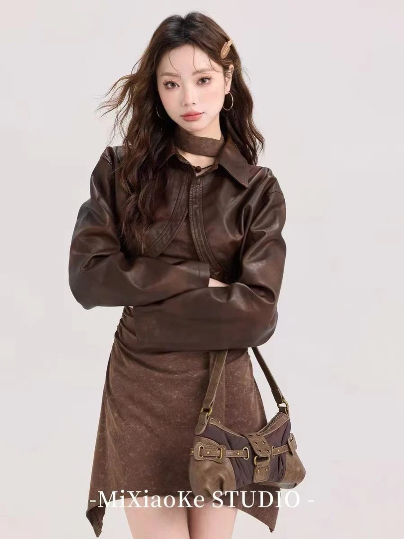 美式辣妹套装纯欲风吊带连衣裙女早春裙子外搭短款皮衣外套