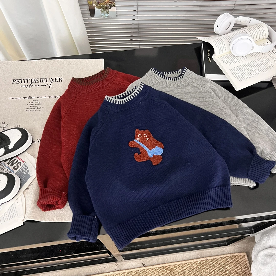 2025春季新款时尚潮流卡通小猫套头男童女童亲子针织衫毛衣7036