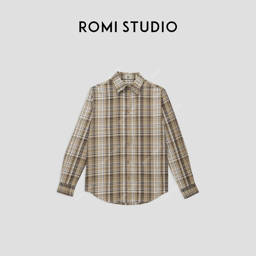 ROMI STUDIO“经典复古”100%棉宽松翻领长袖磨毛格纹衬衣 23AWT946
