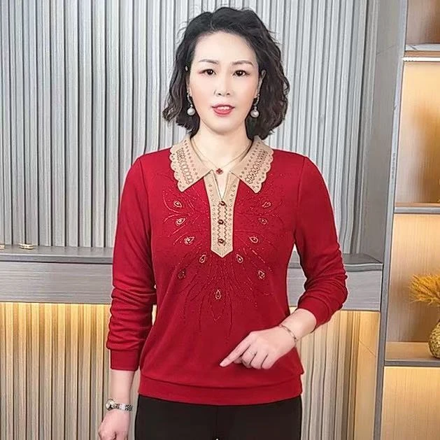中老年女装春季纯色时尚大码小衫女装宽松针织翻领百搭妈妈装长袖