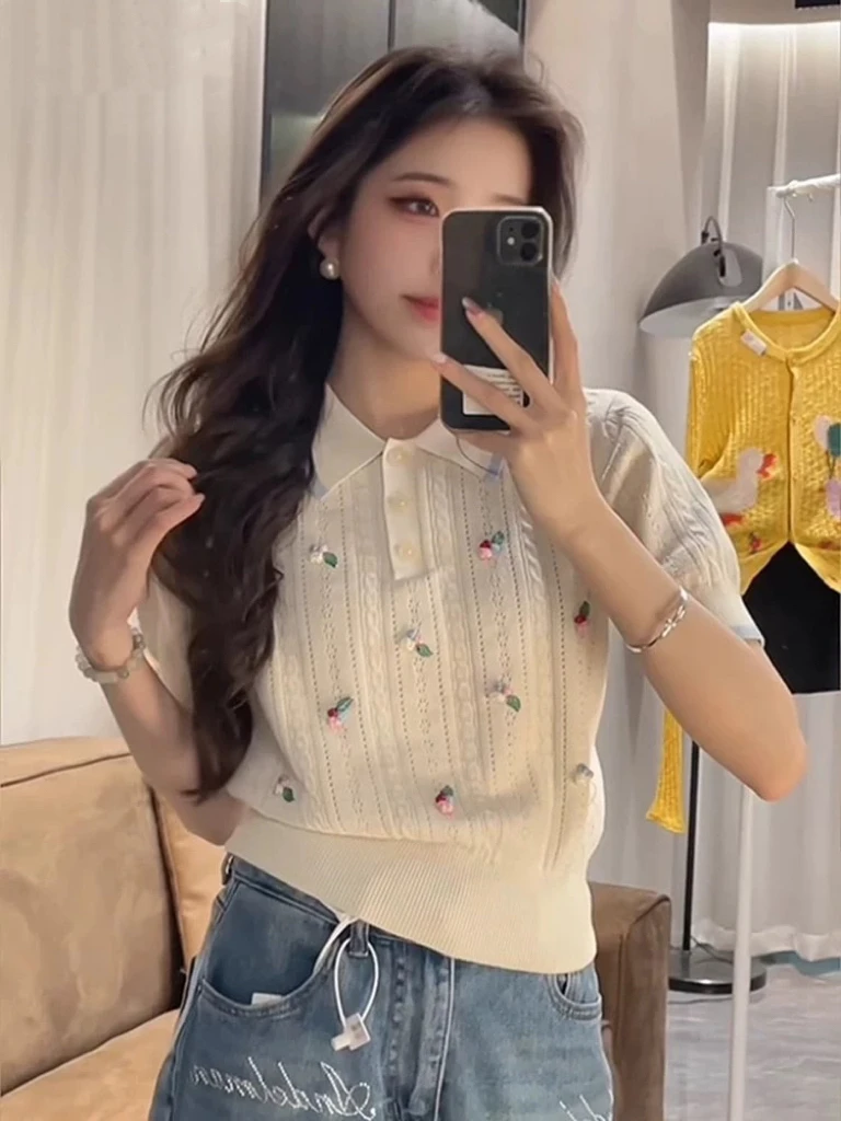 6665韩版新款花朵女镂空大码短袖夏季刺绣毛针织衫甜美薄款