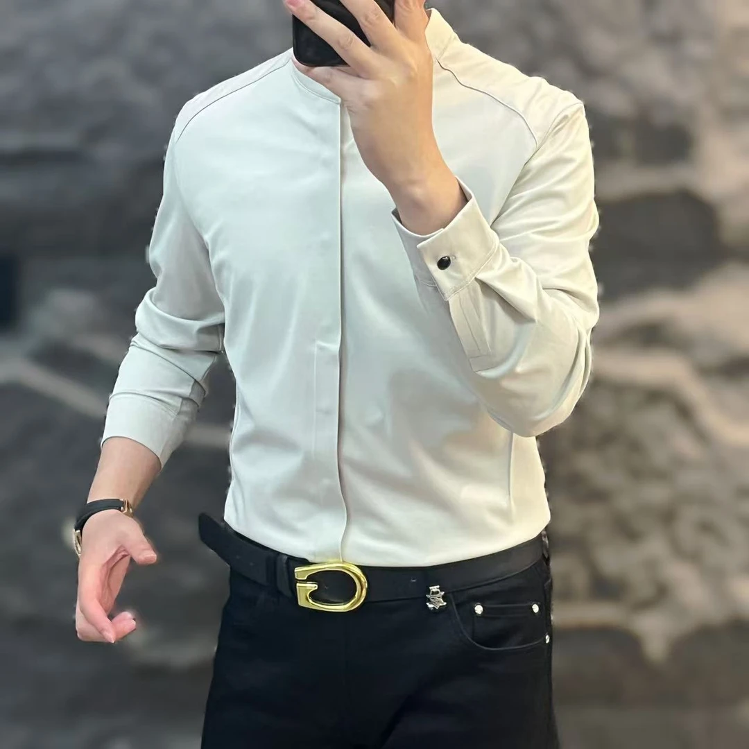 新款高端男士潮流百搭个性休闲简约隐藏扣衬衫42A510121