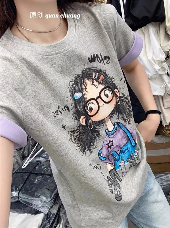 女孩印花双色短袖T恤女夏季2025年新款宽松显瘦上衣