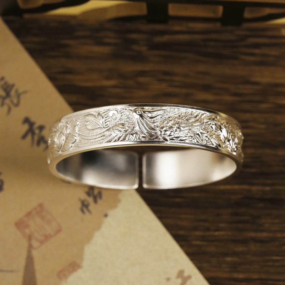 足银手镯 足银篆刻凤穿牡丹开口手镯52g