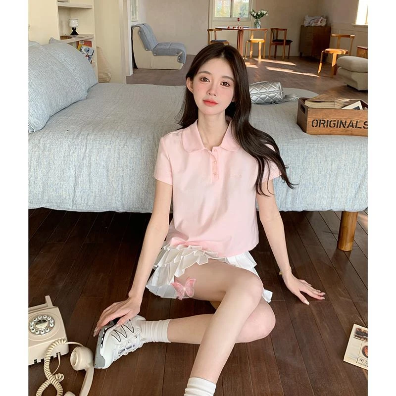 原创设计jk早春POLO衫新款百搭小个子女制服学院风粉色短袖衬衫