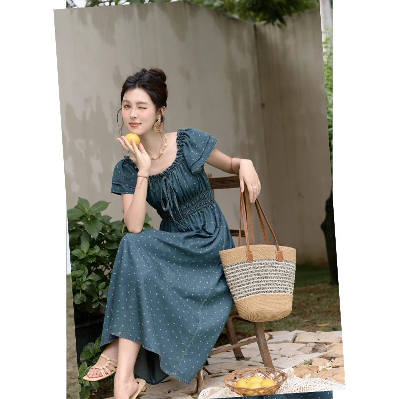 【年中大促】谜秀港风系带飞飞袖波点连衣裙女2025夏季新款高腰压褶