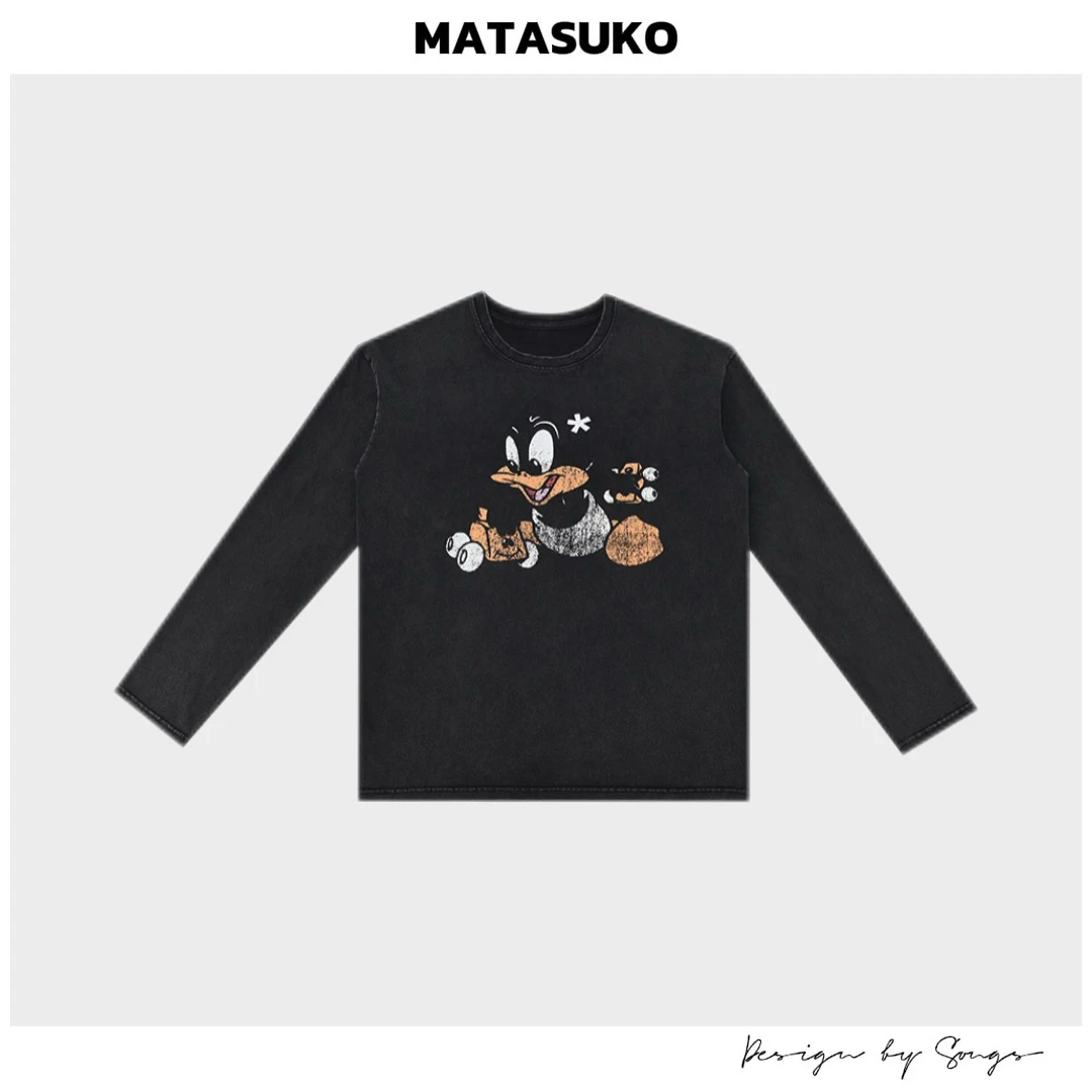 MATASUKO 复古鸭 炒雪花系列 成衣水洗长袖圆领T恤