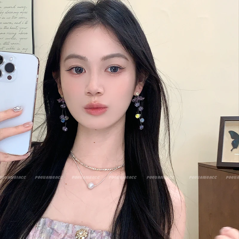 非金属仿水晶耳饰 EH356紫色透明花朵耳环甜美仙气流苏显白耳饰女