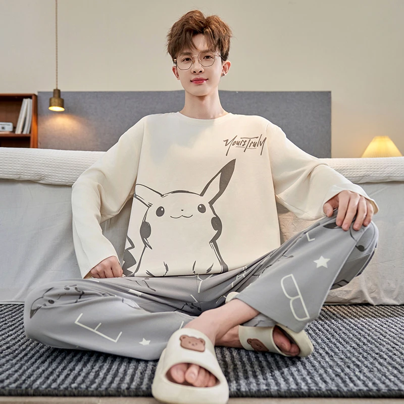 全棉男士睡衣春秋季长袖卡通皮卡丘大码宽松薄款青少年家居服套装