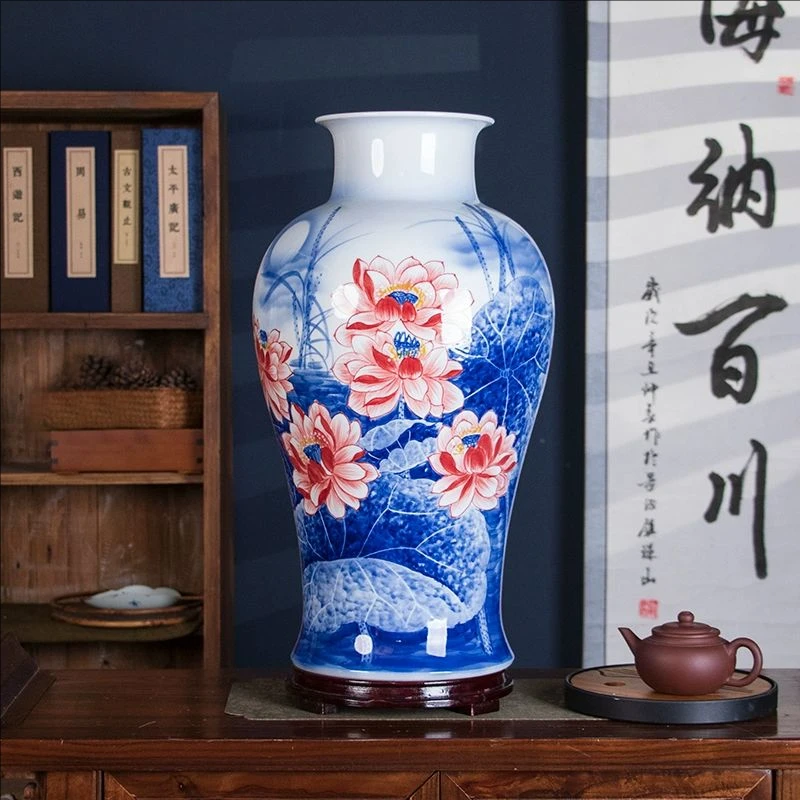 景德镇陶瓷手绘花瓶轻奢高端家居客厅电视柜玄关中式装饰插花摆件