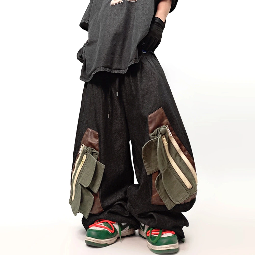 UUCSCC嘻哈潮牌多口袋宽松直筒牛仔裤美式工装阔腿束脚弯刀裤