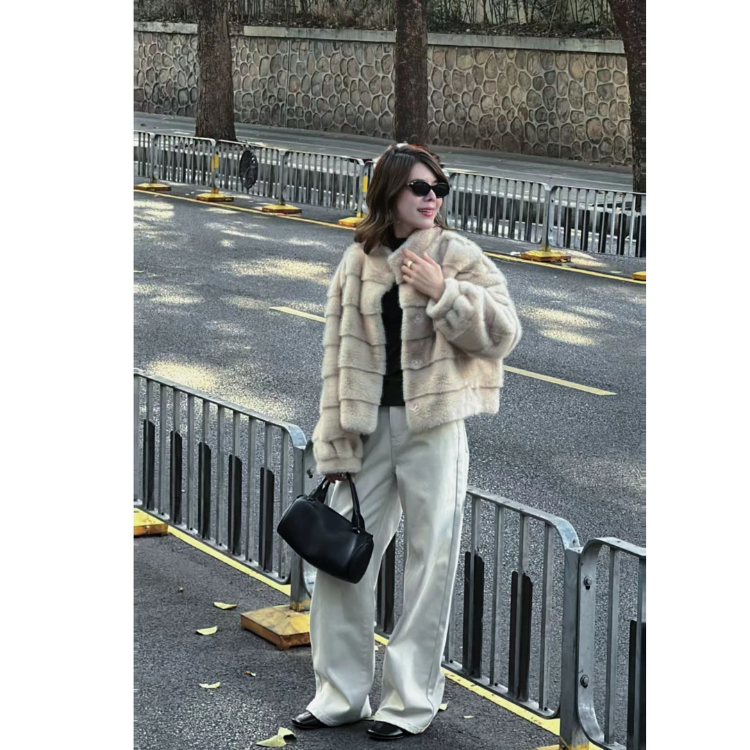 Lehoo|【老钱中古感环保水貂皮草】秋冬小立领横条短款外套